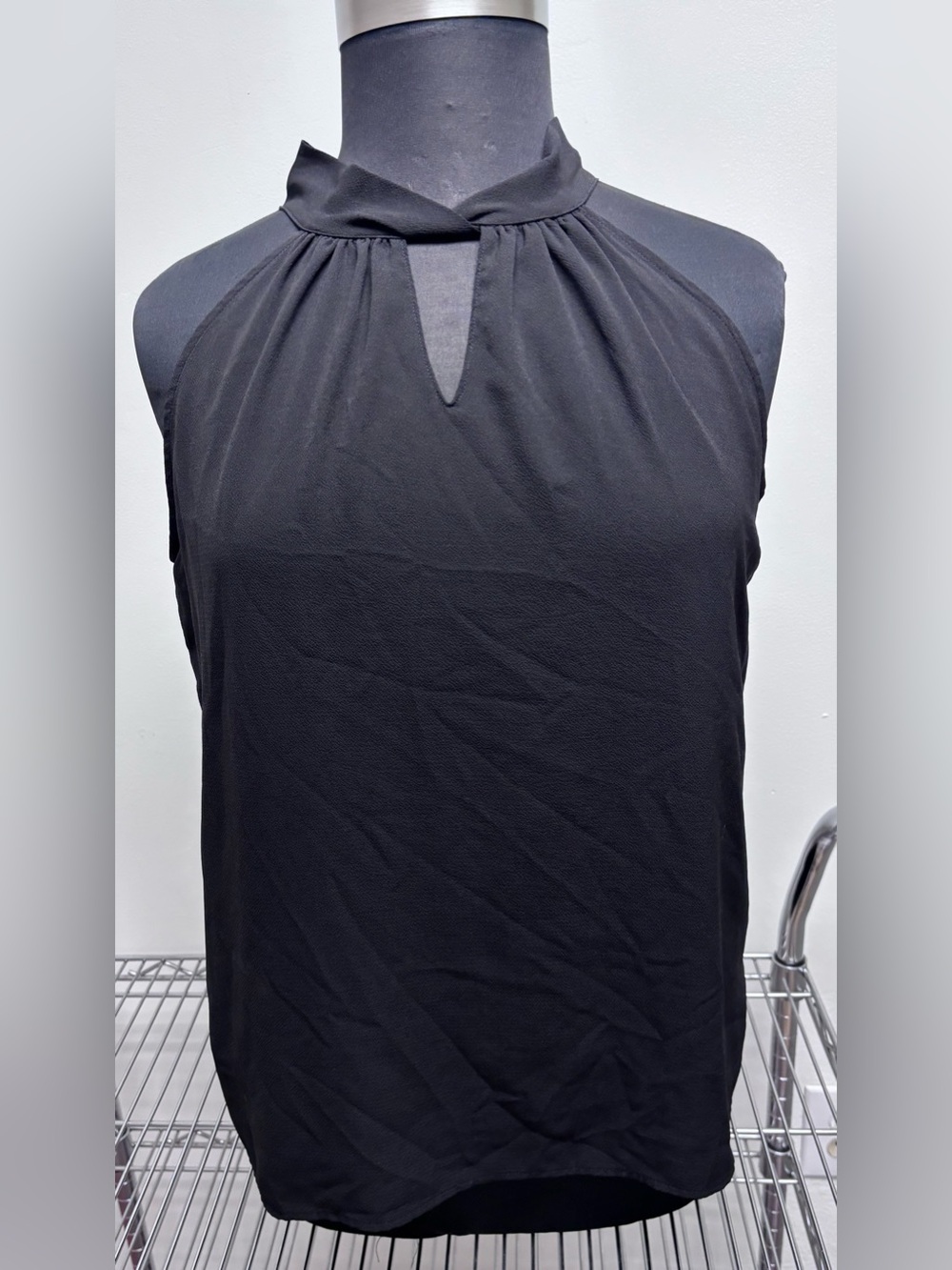 Lined Black Keyhole Mock Neck Halter Blouse - Minimalist Chic - XL